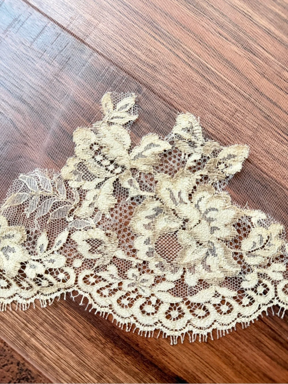 Ariel Taub Delphine Metallic Gold Chantilly Lace Mantilla Veil Chapel Length 90”